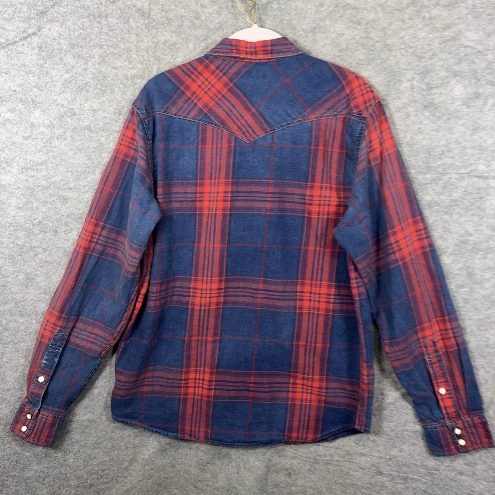 Lucky Brand Pearl Snap Denim Shirt Mens Sz M Blue Red Plaid Western Pockets - Picture 3 of 8